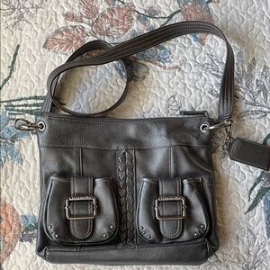 Tignanello Dark Grey Leather Crossbody Bag with Buckle Accents
